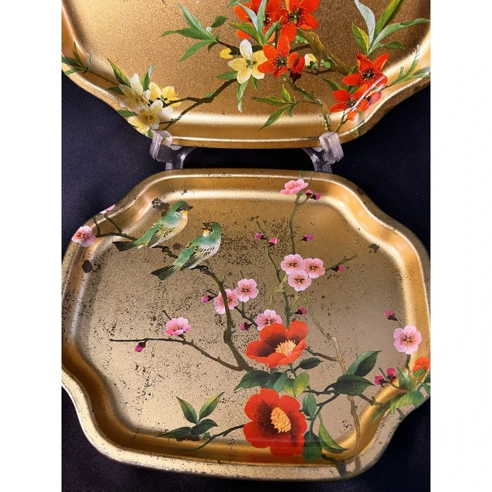 Elite Trays Metal Trinket Tray Set 2 Gold Bird Floral Good Vintage England 8x6